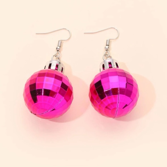 🪩 Fun Hot Pink Disco Ball Drop Earrings 🪩 - Picture 2 of 3
